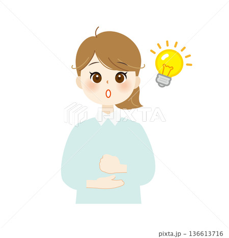 電球を指さしてひらめく女性のイラスト アイデア・解決・発想07 電球を指さしてひらめく女性のイラスト アイデア・解決・発想07 136613716