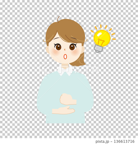 電球を指さしてひらめく女性のイラスト アイデア・解決・発想07 電球を指さしてひらめく女性のイラスト アイデア・解決・発想07 136613716