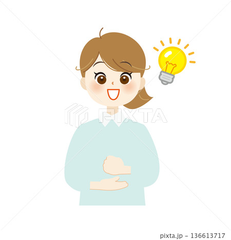 電球を指さしてひらめく女性のイラスト　アイデア・解決・発想06 136613717