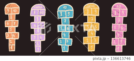 Hopscotch games chalk pastel drawn set isolated on dark road background. Children playground outdoor entertainment on street asphalt. Vector colorful wax crayon handwritten illustration 136613746