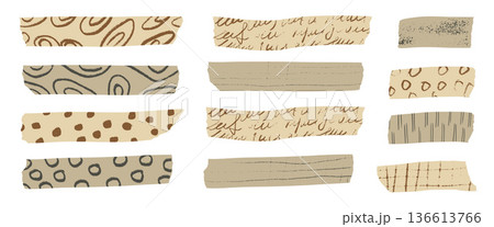 Handmade washi tape collection with decorative paper strips, sticky masking elements, and vintage scrapbook stickers for creative craft projects and journal decoration. Vector beige tags isolated Handmade washi tape collection with decorative paper strips, sticky masking elements, and vintage scrapbook stickers for creative craft projects and journal decoration. Vector beige tags isolated 136613766