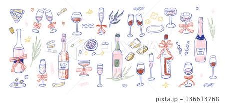 Sketch whimsical wine bottles, glasses crayon elements. Colorful doodle cocktails summer illustrations for bar menu, birthday celebration. Tasting event scribble illustration. Vector wineglasses 136613768