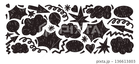 Speech bubbles, clouds, bang hand drawn doodle background. Freeform black scribble figures set. Arrow, stars, cloud, dialogue text box, heart scribbles. Vector abstract geometric illustration isolated Speech bubbles, clouds, bang hand drawn doodle background. Freeform black scribble figures set. Arrow, stars, cloud, dialogue text box, heart scribbles. Vector abstract geometric illustration isolated 136613803