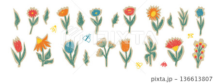 Flower paper scrapbook colorful pencil textured cutout. Floral shape, tulip torn papers pieces with crayon effect. Hand drawn red, blue cut out sticker. Vector craft tear wildflowers scribbles no bg Flower paper scrapbook colorful pencil textured cutout. Floral shape, tulip torn papers pieces with crayon effect. Hand drawn red, blue cut out sticker. Vector craft tear wildflowers scribbles no bg 136613807