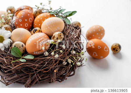 Easter nest with hand-painted eggs on a light background 136613905