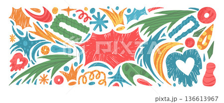 Bang text box and crayon abstract geometric shapes background set. Geometry and organic freeform abstract naive hand drawn scribbles figures. Vector handmade red, green callout illustration isolated Bang text box and crayon abstract geometric shapes background set. Geometry and organic freeform abstract naive hand drawn scribbles figures. Vector handmade red, green callout illustration isolated 136613967