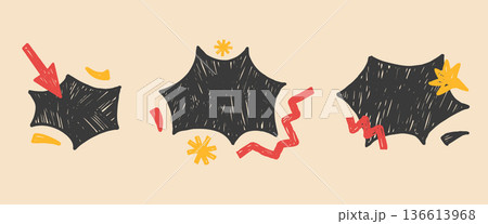 Abstract geometric callout blank pastel brush set. Bang crayon figures. Blank freeform text boxes. Vector promo tags with zigzag lines, asterisk, stars and arrows set isolated on beige background 136613968