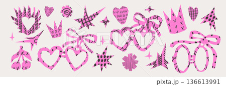 Collage romantic cutout scribbles. Hearts couple lockets. Crayon texture fire heart collage paper cut outs crown, stars set. Scrapbook love sign girly shape. Vector bachelorette illustration no bg 136613991