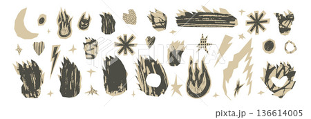 Craft fire, stars paper cutouts icons with ink grunge texture. Doodle flames vector illustration set with rough punk rock decor. Collage design elements. Scrapbook bonfire forms set isolated no bg Craft fire, stars paper cutouts icons with ink grunge texture. Doodle flames vector illustration set with rough punk rock decor. Collage design elements. Scrapbook bonfire forms set isolated no bg 136614005