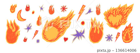 Flame, burning heart, stars doodles in crayon chalk stickers. Hand-drawn fire collage with grunge textures. Retro promo graphics frames. Vector bonfire and hot sale frames, borders isolated no bg 136614006