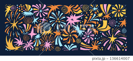 Playful simple celebration stars elements with colorful sparkles, confetti bursts. Silhouette festive patterns create a whimsical party atmosphere in vibrant tones. Vector night magic space no bg Playful simple celebration stars elements with colorful sparkles, confetti bursts. Silhouette festive patterns create a whimsical party atmosphere in vibrant tones. Vector night magic space no bg 136614007