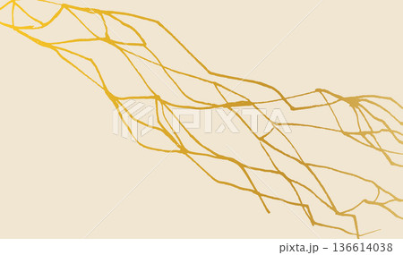 Kintsugi background template with delicate golden paint cracks on pristine marble. Luxurious broken texture features shimmering gold veins. Backdrop for elegant illustration. Vector beige bg 136614038