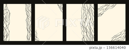 Beige kintsugi cracks posters set. Simple marble texture with abstract patterns black handmade lines, perfect for elegant designs templates and modern interior decor wall. Vector blank retro bg 136614040