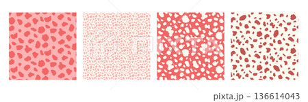Irregular freeform blobs seamless patterns. Girly red small spots background collection. Free forms dashes texture simple shapes. Camouflage patterns. Vector camo monochrome seamless collection 136614043