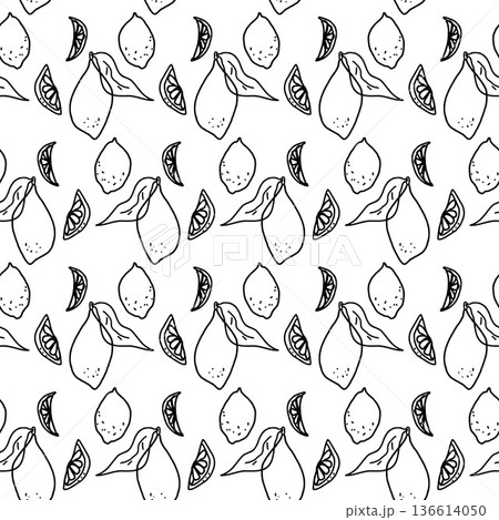 Seamless pattern doodle lemons slices and whole elements with leaves. Monochrome black outline naive sketch summer fruit. Mediterranean-inspired citrus print. Vector mini pencil hand drawn background 136614050