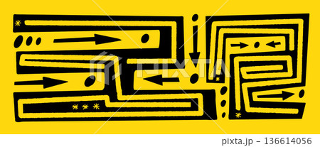 Abstract geometric pattern doodles. Maze naive scribble background with arrows. Labyrinth tribal ornament decorative backdrop silhouette. Naive yellow rectangles line figures. Vector bg horizontal 136614056