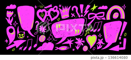 Speech bubble neon markers doodles. Hand drawn girly text boxes with decorative scribbles. Funky crayon pencil devil, callout shapes. Vector textured talk frames. Crown, stars, arrows on background Speech bubble neon markers doodles. Hand drawn girly text boxes with decorative scribbles. Funky crayon pencil devil, callout shapes. Vector textured talk frames. Crown, stars, arrows on background 136614080