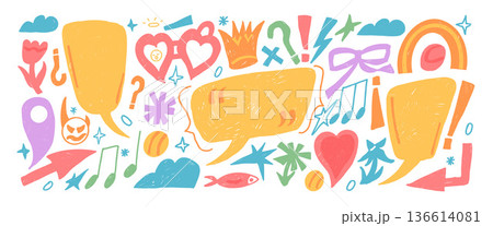 Crayon funky doodles collage cutouts elements set. Speech bubbles with music note, crown, hearts. Callouts text boxes with inverted spanish punctuation mark. Vector naive scribbles isolated no bg Crayon funky doodles collage cutouts elements set. Speech bubbles with music note, crown, hearts. Callouts text boxes with inverted spanish punctuation mark. Vector naive scribbles isolated no bg 136614081
