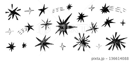 Charcoal drawn magic stars kids icons set. Twinkles black linocut or pencil spark. Handmade scribble sparkles collection. Kids marker stickers blinks. Christmas simple vector asterisk element isolated Charcoal drawn magic stars kids icons set. Twinkles black linocut or pencil spark. Handmade scribble sparkles collection. Kids marker stickers blinks. Christmas simple vector asterisk element isolated 136614088