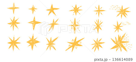 Hand drawn stars. Yellow crayon twinkles spark set. Pencil scribble magic twinkles collection. Christmas simple shine decoration. Vector asterisk elements isolated no background Hand drawn stars. Yellow crayon twinkles spark set. Pencil scribble magic twinkles collection. Christmas simple shine decoration. Vector asterisk elements isolated no background 136614089