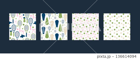 Tennis-themed seamless patterns featuring rackets, balls and bows elements. Retro sport coquette prints with continuous repeating design for backgrounds and decorative projects. Vector tennis bg 136614094