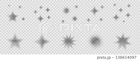 Stars gradient spray black effects, dotted halftone grainy noise spark texture with stipple details and shimmering elements. Vector dotworks grit shapes illustration set isolated on transparent bg Stars gradient spray black effects, dotted halftone grainy noise spark texture with stipple details and shimmering elements. Vector dotworks grit shapes illustration set isolated on transparent bg 136614097