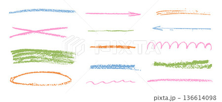 Doodle multi colors pencil underlines. Crayon pink and green line brush stroke set. Graphite pencil texture strikethrough, arrow, ellipse. Chalk highlight for school text mark. Vector freehand divider Doodle multi colors pencil underlines. Crayon pink and green line brush stroke set. Graphite pencil texture strikethrough, arrow, ellipse. Chalk highlight for school text mark. Vector freehand divider 136614098