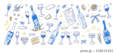 Italian wine bottle and cheese crayon sketch illustration. Hand-drawn doodle icon for summer picnic menu, party invitations and Mediterranean dinner design. Vector scribble set isolated on white bg Italian wine bottle and cheese crayon sketch illustration. Hand-drawn doodle icon for summer picnic menu, party invitations and Mediterranean dinner design. Vector scribble set isolated on white bg 136614103