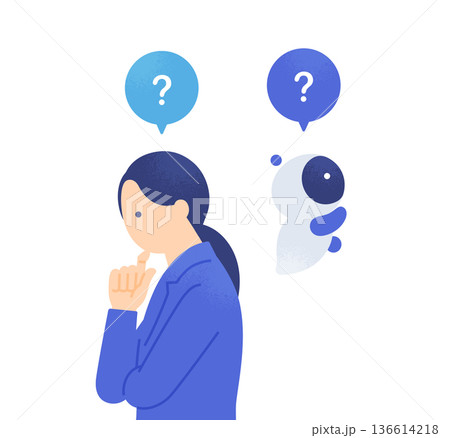 課題に直面して思案するビジネスウーマンとAI。背中合わせで考え込むロボットと女性。 136614218