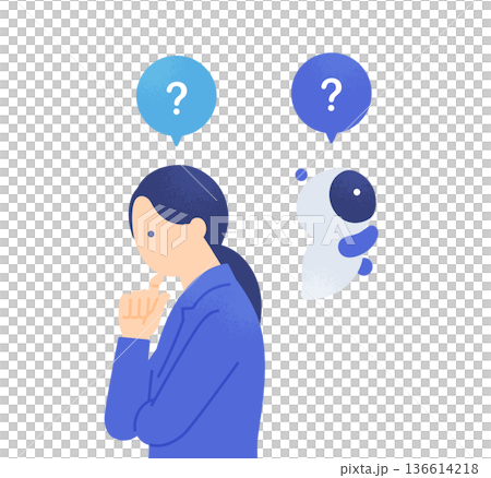 課題に直面して思案するビジネスウーマンとAI。背中合わせで考え込むロボットと女性。 136614218