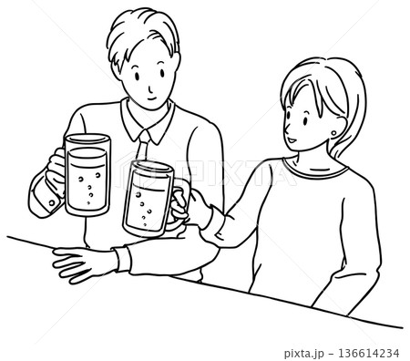 飲み会をする若い男女　線画 136614234