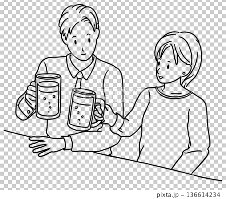 飲み会をする若い男女　線画 136614234