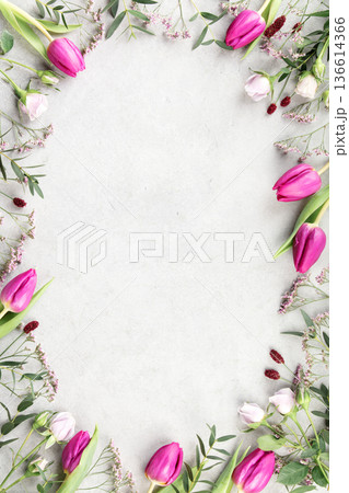 Spring Tulip Floral Frame on Light Stone Background 136614366