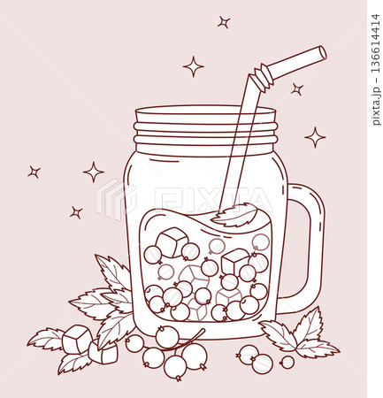 Outline Berries Currant Smoothie in Mason Jar. Summer Refreshing Cocktail with Berry, Mint, Straw and Ice Cubes. Line drawing, coloring page. Vector Illustration Seasonal Healthy Lemonade 136614414