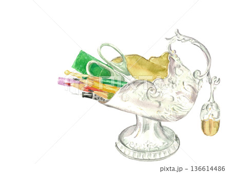 水彩で描いた文房具のイラスト素材【手描き】白バック コピースペース 透過背景 136614486