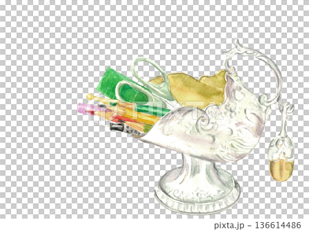水彩で描いた文房具のイラスト素材【手描き】白バック コピースペース 透過背景 136614486