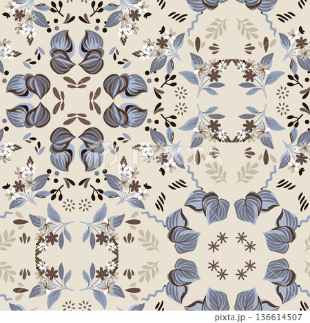 Sophisticated dusty blue seamless floral pattern with folk art symmetry. Elegant botanical tile design for high-end textiles, wallpaper, and apparel. 136614507