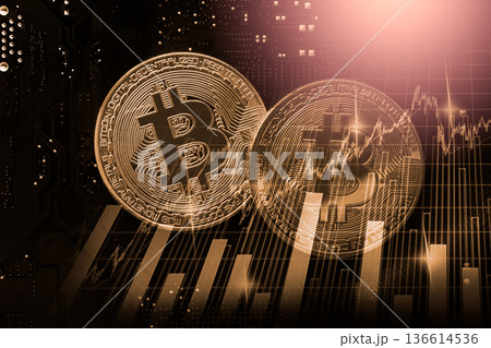 Modern way of exchange. Bitcoin is convenient payment in global economy market. Virtual digital currency and financial investment trade concept. Abstract cryptocurrency with gold bitcoin background. 136614536