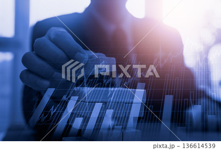 Stock market or forex trading graph and candlestick chart suitable for financial investment concept. Economy trends background for business idea and all art work design. Abstract finance background. 136614539