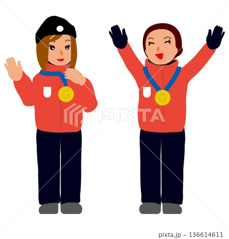 屋外用ユニフォームを着た女子メダリストのイラストのセット1・金メダル受賞者 屋外用ユニフォームを着た女子メダリストのイラストのセット1・金メダル受賞者 136614611