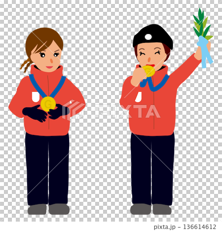 Set 2 of illustrations of female medalists wearing outdoor uniforms - Gold medal winners Set 2 of illustrations of female medalists wearing outdoor uniforms - Gold medal winners 136614612