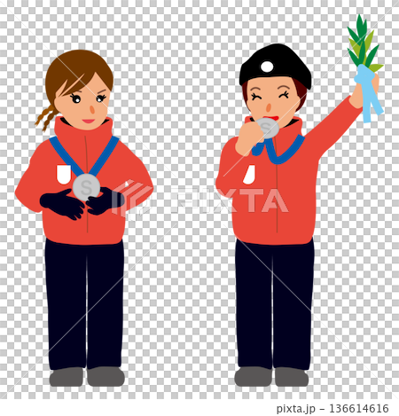 Set 2 of illustrations of female medalists wearing outdoor uniforms - Silver medal winners Set 2 of illustrations of female medalists wearing outdoor uniforms - Silver medal winners 136614616