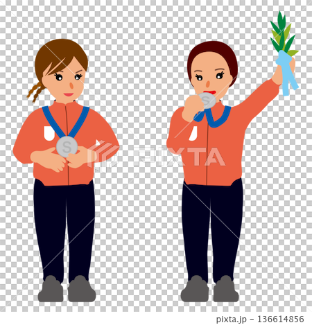 Set 2 of illustrations of female medalists wearing indoor uniforms - Silver medal winners 136614856