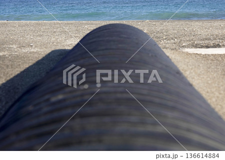 波打ち際の砂浜に埋もれた漂流物 136614884