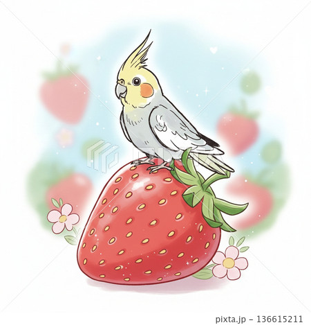 イチゴに載っているオカメインコ 136615211