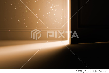 Door Opening With Light and Particles in Mystery Concept Background 136615227