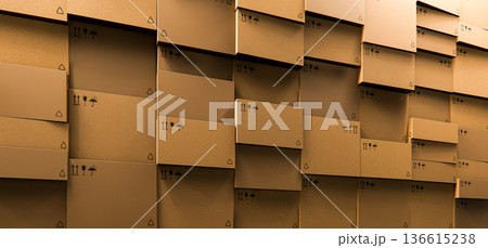Stacked Cardboard Boxes Wall 3D Render Logistics Warehouse, Concept Background 136615238