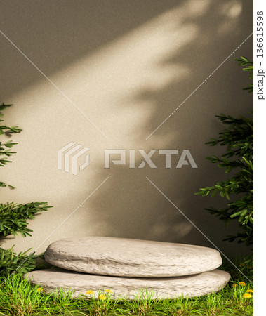 Empty round stone display platform on grass aside pine tree with sunlight on cement wall background. Empty round stone display platform on grass aside pine tree with sunlight on cement wall background. 136615598