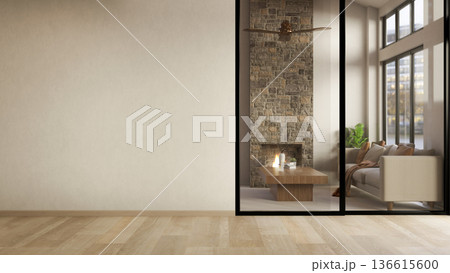 White wall on wood parquet floor and living room with sofa and fireplace through glass sliding door. 136615600