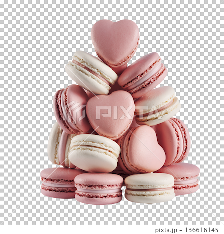 Pyramid tower of delicate pink and white french macarons, with several heart-shaped cookies for a romantic touch. Perfect for valentine's day, weddings, and elegant dessert displays 136616145